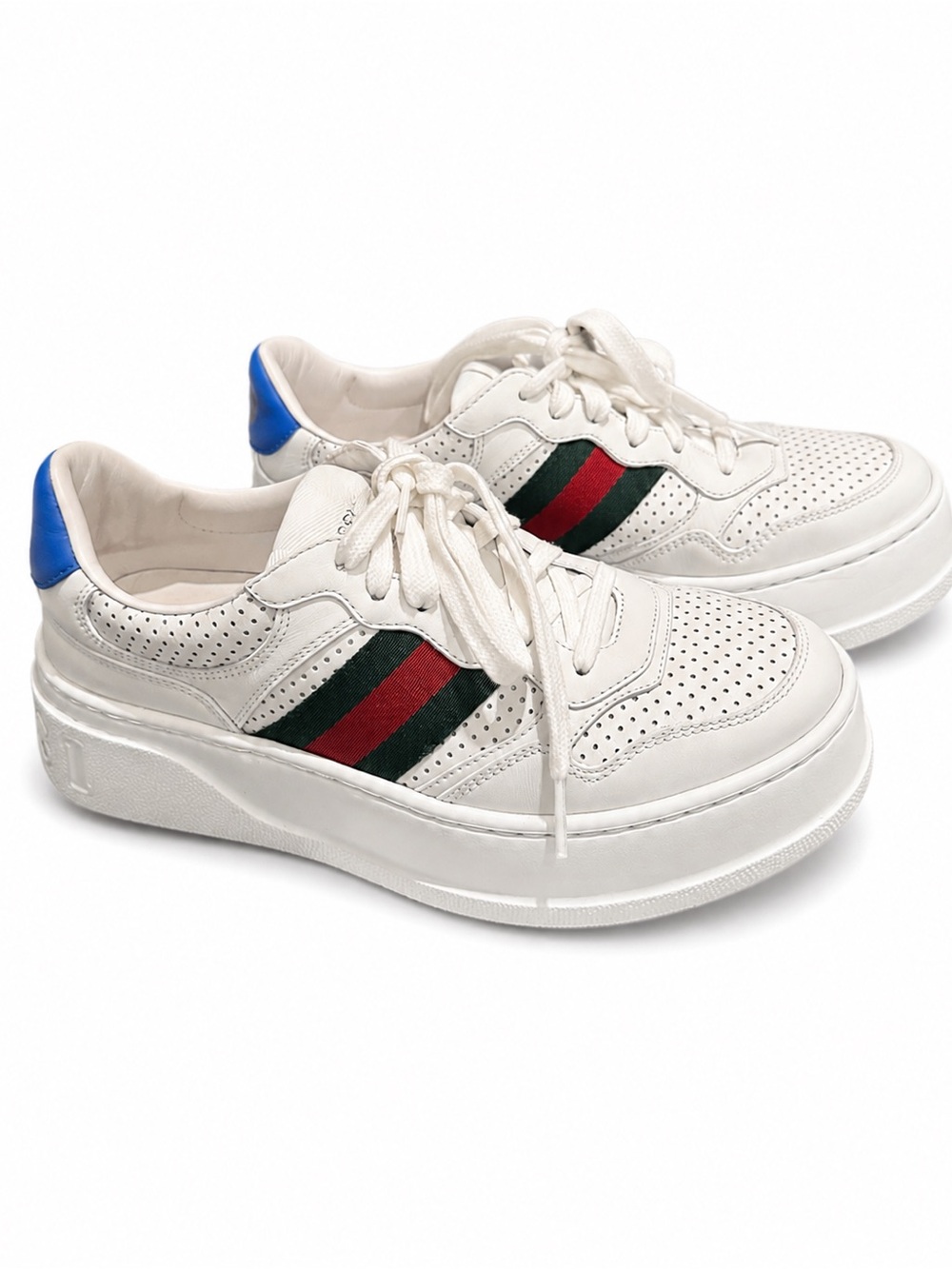 Gucci White Leather Platform Sneaker with Green and Red Web and Blue Heel